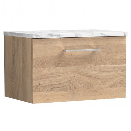 Arno 600mm Wall Hung Single Drawer Vanity Unit & Laminate Worktop - Bleached Oak/Carrera Marble