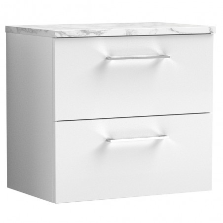 Arno 600mm Wall Hung 2 Drawer Vanity Unit & Laminate Worktop - Gloss White/Carrera Marble