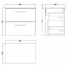 Arno 600mm Wall Hung 2 Drawer Vanity Unit & Laminate Worktop - Gloss White/Carrera Marble - Technical Drawing