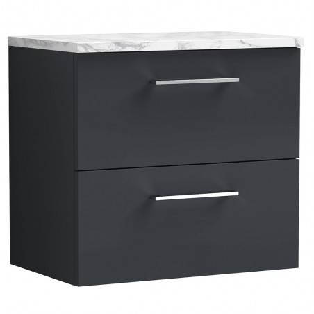 Arno 600mm Wall Hung 2 Drawer Vanity Unit & Laminate Worktop - Soft Black/Carrera Marble