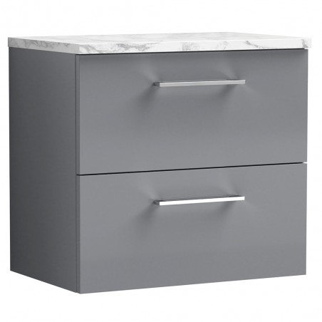 Arno 600mm Wall Hung 2 Drawer Vanity Unit & Laminate Worktop - Satin Grey/Carrera Marble