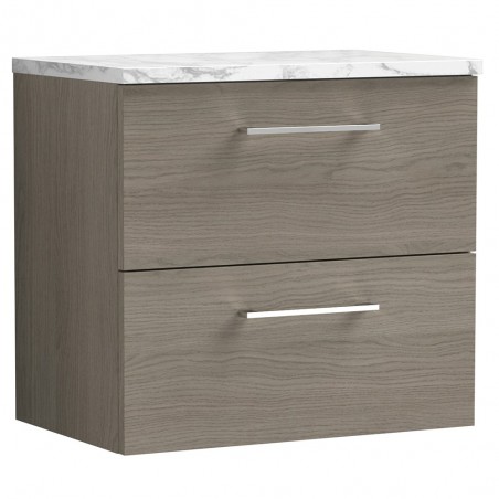 Arno 600mm Wall Hung 2 Drawer Vanity Unit & Laminate Worktop - Solace Oak/Carrera Marble