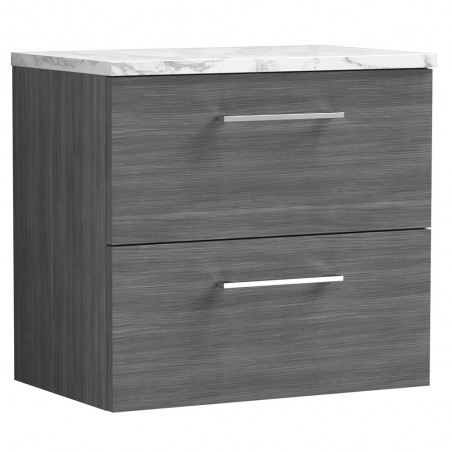 Arno 600mm Wall Hung 2 Drawer Vanity Unit & Laminate Worktop - Anthracite Woodgrain/Carrera Marble