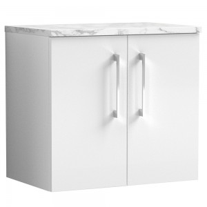 Arno 600mm Wall Hung 2 Door Vanity Unit & Laminate Worktop - Gloss White/Carrera Marble