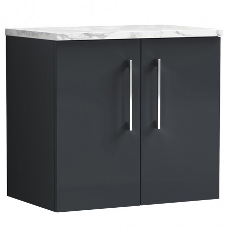 Arno 600mm Wall Hung 2 Door Vanity Unit & Laminate Worktop - Soft Black/Carrera Marble