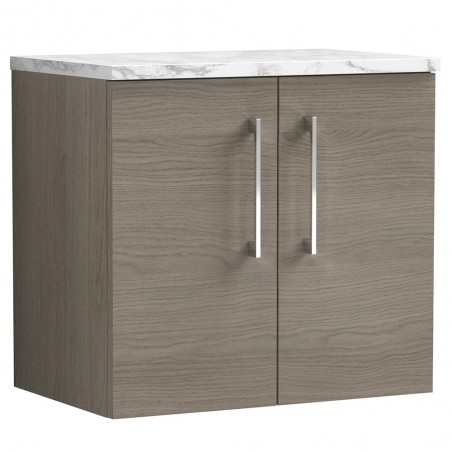 Arno 600mm Wall Hung 2 Door Vanity Unit & Laminate Worktop - Solace Oak/Carrera Marble