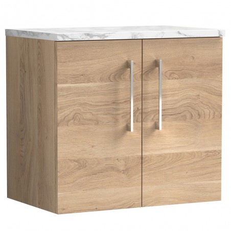 Arno 600mm Wall Hung 2 Door Vanity Unit & Laminate Worktop - Bleached Oak/Carrera Marble