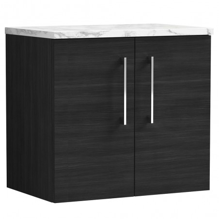 Arno 600mm Wall Hung 2 Door Vanity Unit & Laminate Worktop - Charcoal Black Woodgrain/Carrera Marble