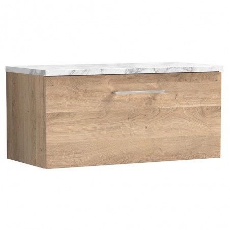 Arno 800mm Wall Hung Single Drawer Vanity Unit & Laminate Worktop - Bleached Oak/Carrera Marble