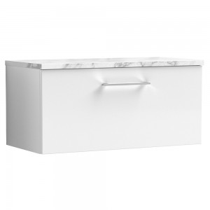 Arno 800mm Wall Hung Single Drawer Vanity Unit & Laminate Worktop - Gloss White/Carrera Marble