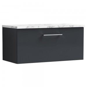 Arno 800mm Wall Hung Single Drawer Vanity Unit & Laminate Worktop - Soft Black/Carrera Marble