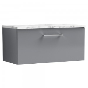Arno 800mm Wall Hung Single Drawer Vanity Unit & Laminate Worktop - Satin Grey/Carrera Marble