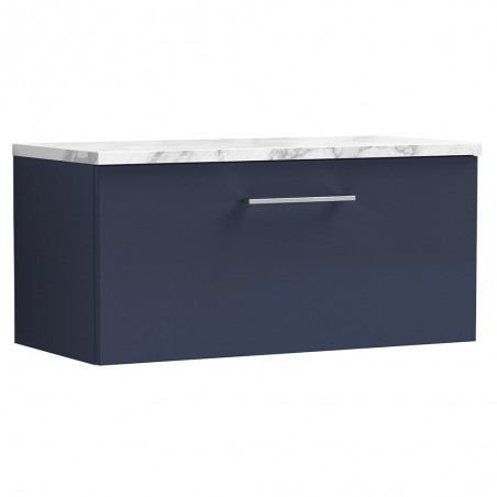 Arno 800mm Wall Hung Single Drawer Vanity Unit & Laminate Worktop - Midnight Blue/Carrera Marble