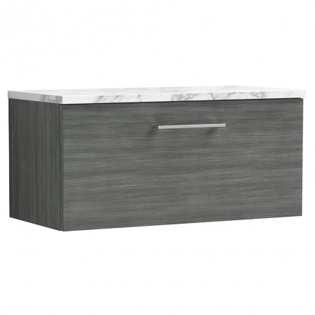 Arno 800mm Wall Hung Single Drawer Vanity Unit & Laminate Worktop - Anthracite Woodgrain/Carrera Marble