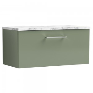 Arno 800mm Wall Hung Single Drawer Vanity Unit & Laminate Worktop - Satin Green/Carrera Marble