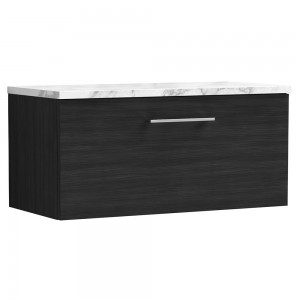 Arno 800mm Wall Hung Single Drawer Vanity Unit & Laminate Worktop - Charcoal Black Woodgrain/Carrera Marble