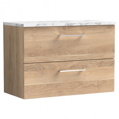 Arno 800mm Wall Hung 2 Drawer Vanity Unit & Laminate Worktop - Bleached Oak/Carrera Marble