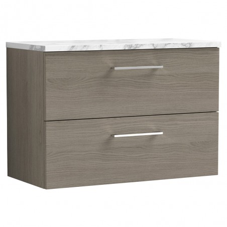 Arno 800mm Wall Hung 2 Drawer Vanity Unit & Laminate Worktop - Solace Oak/Carrera Marble