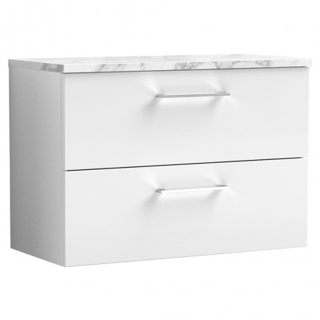 Arno 800mm Wall Hung 2 Drawer Vanity Unit & Laminate Worktop - Gloss White/Carrera Marble