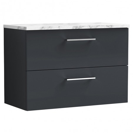 Arno 800mm Wall Hung 2 Drawer Vanity Unit & Laminate Worktop - Soft Black/Carrera Marble