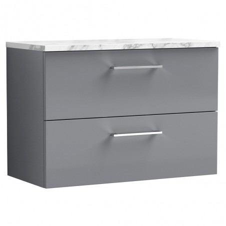 Arno 800mm Wall Hung 2 Drawer Vanity Unit & Laminate Worktop - Satin Grey/Carrera Marble