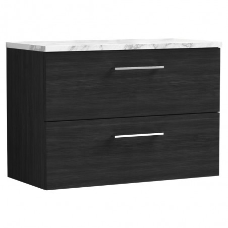 Arno 800mm Wall Hung 2 Drawer Vanity Unit & Laminate Worktop - Charcoal Black Woodgrain/Carrera Marble