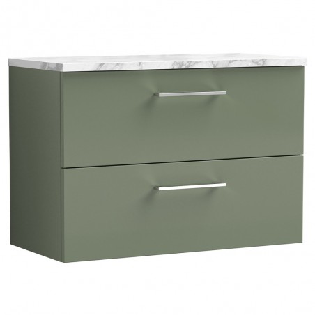 Arno 800mm Wall Hung 2 Drawer Vanity Unit & Laminate Worktop - Satin Green/Carrera Marble