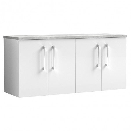 Arno 1200mm Wall Hung 4 Door Vanity Unit & Laminate Worktop - Gloss White/Bellato Grey