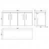 Arno 1200mm Wall Hung 4 Door Vanity Unit & Laminate Worktop - Gloss White/Bellato Grey - Technical Drawing