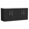 Arno 1200mm Wall Hung 4 Door Vanity Unit & Laminate Worktop - Charcoal Black Woodgrain/Bellato Grey
