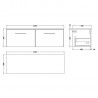 Arno 1200mm Wall Hung 2 Drawer Vanity Unit & Laminate Worktop - Solace Oak/Bellato Grey - Technical Drawing