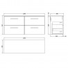 Arno 1200mm Wall Hung 4 Drawer Vanity Unit & Laminate Worktop - Gloss White/Bellato Grey - Technical Drawing