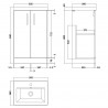 Arno Gloss White 500mm (w) x 840mm (h) x 360mm (d) 2 Door Floor Standing Vanity & Ceramic Basin - Technical Drawing