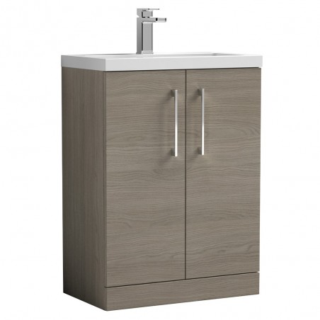 Arno Compact Solace Oak Woodgrain 600mm Freestanding 2 Door Vanity Unit with Polymarble Basin