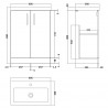 Arno Compact Solace Oak Woodgrain 600mm Freestanding 2 Door Vanity Unit with Polymarble Basin - Technical Drawing