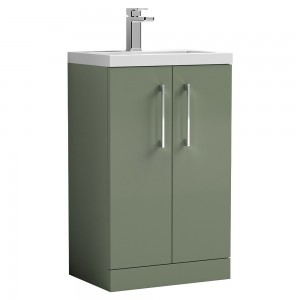 Arno Compact Satin Green 500mm Freestanding 2 Door Vanity Unit with Ceramic Basin