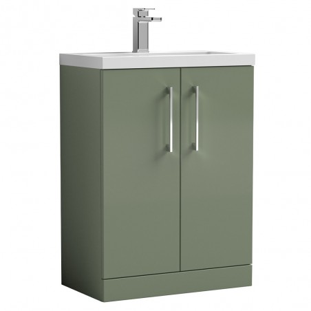 Arno Compact Satin Green 600mm Freestanding 2 Door Vanity Unit with Polymarble Basin