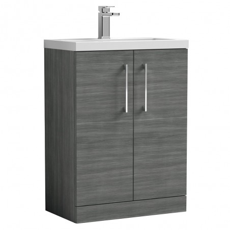 Arno Compact 600mm Freestanding 2-Door Vanity & Polymarble Basin - Anthracite Woodgrain