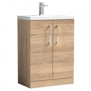 Arno Compact 600mm Freestanding 2 Door Vanity Unit & Polymarble Basin - Bleached Oak