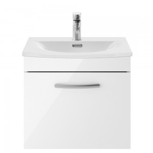 Athena Gloss White 500mm (w) x 461mm (h)  x 440mm (d) Single Drawer Wall Hung Vanity With Curved Basin