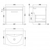 Athena Gloss White 500mm (w) x 461mm (h)  x 440mm (d) Single Drawer Wall Hung Vanity With Curved Basin - Technical Drawing