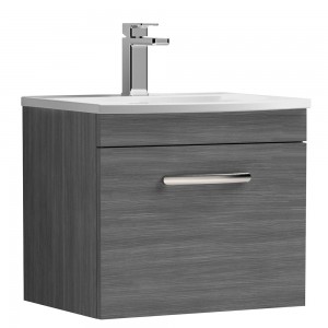 Athena Anthracite Woodgrain 500mm (w) x 461mm (h) x 440mm (d) Single Drawer Wall Hung Vanity With Curved Basin