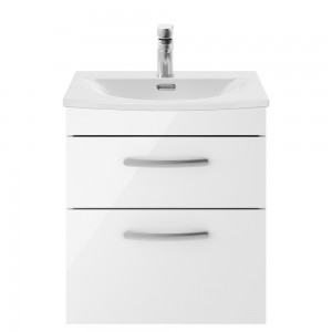 Athena Gloss White 500mm (w) x 569mm (h) x 440mm (d) 2 Drawer Wall Hung Vanity With Curved Basin