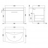 Athena Gloss White 600mm (w) x 461mm (h) x 440mm (d) Single Drawer Wall Hung Vanity With Curved Basin - Technical Drawing