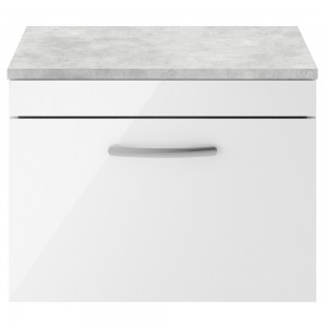 Athena Gloss White 600mm (w) x 452mm (h) x 390mm (d) Single Drawer Wall Hung Vanity With Grey Worktop