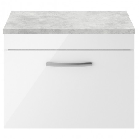 Athena Gloss White 600mm (w) x 452mm (h) x 390mm (d) Single Drawer Wall Hung Vanity With Grey Worktop