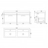 Athena Gloss White 1200mm Wall Hung 2 Drawer Cabinet With Double Ceramic Basin - Technical Drawing