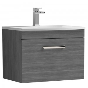 Athena Anthracite Woodgrain 600mm (w) x 461mm (h) x 440mm (d) Single Drawer Wall Hung Vanity With Curved Basin