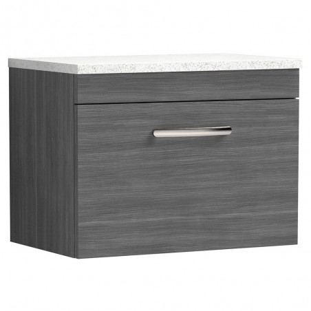 Athena Anthracite Woodgrain 600mm (w) x 452mm (h) x 390mm (d) Single Drawer Wall Hung Vanity With Sparkling White Worktop