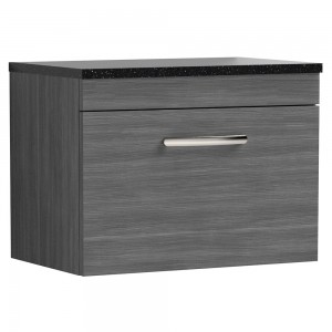 Athena Anthracite Woodgrain 600mm (w) x 452mm (h) x 390mm (d) Single Drawer Wall Hung Vanity With Sparkling Black Worktop
